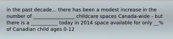 in the past decade... there has been a modest increase in the number of _________________ childcare spaces Canada-wide - but there is a ___________ today in 2014 space available for only __% of Canadian child ages 0-12