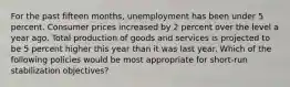 For the past fifteen months, unemployment has been under 5 percent. Consumer prices increased by 2 percent over the level a year ago. Total production of goods and services is projected to be 5 percent higher this year than it was last year. Which of the following policies would be most appropriate for short-run stabilization objectives?