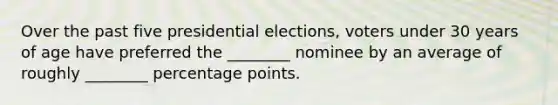 Over the past five presidential elections, voters under 30 years of age have preferred the ________ nominee by an average of roughly ________ percentage points.