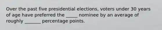 Over the past five presidential elections, voters under 30 years of age have preferred the _____ nominee by an average of roughly _______ percentage points.