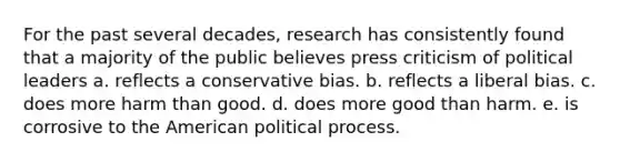 For the past several decades, research has consistently found that a majority of the public believes press criticism of political leaders a. reflects a conservative bias. b. reflects a liberal bias. c. does more harm than good. d. does more good than harm. e. is corrosive to <a href='https://www.questionai.com/knowledge/keiVE7hxWY-the-american' class='anchor-knowledge'>the american</a> political process.