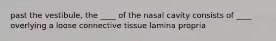 past the vestibule, the ____ of the nasal cavity consists of ____ overlying a loose <a href='https://www.questionai.com/knowledge/kYDr0DHyc8-connective-tissue' class='anchor-knowledge'>connective tissue</a> lamina propria