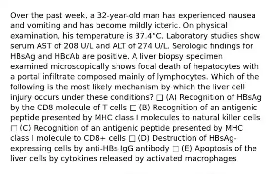 Over the past week, a 32-year-old man has experienced nausea and vomiting and has become mildly icteric. On physical examination, his temperature is 37.4°C. Laboratory studies show serum AST of 208 U/L and ALT of 274 U/L. Serologic findings for HBsAg and HBcAb are positive. A liver biopsy specimen examined microscopically shows focal death of hepatocytes with a portal infiltrate composed mainly of lymphocytes. Which of the following is the most likely mechanism by which the liver cell injury occurs under these conditions? □ (A) Recognition of HBsAg by the CD8 molecule of T cells □ (B) Recognition of an antigenic peptide presented by MHC class I molecules to natural killer cells □ (C) Recognition of an antigenic peptide presented by MHC class I molecule to CD8+ cells □ (D) Destruction of HBsAg-expressing cells by anti-HBs IgG antibody □ (E) Apoptosis of the liver cells by cytokines released by activated macrophages