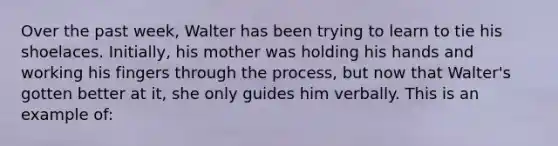 Over the past week, Walter has been trying to learn to tie his shoelaces. Initially, his mother was holding his hands and working his fingers through the process, but now that Walter's gotten better at it, she only guides him verbally. This is an example of: