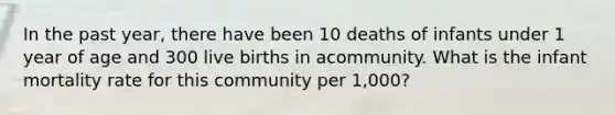 In the past year, there have been 10 deaths of infants under 1 year of age and 300 live births in acommunity. What is the infant mortality rate for this community per 1,000?