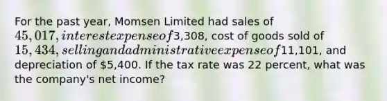 For the past year, Momsen Limited had sales of 45,017, interest expense of3,308, cost of goods sold of 15,434, selling and administrative expense of11,101, and depreciation of 5,400. If the tax rate was 22 percent, what was the company's net income?