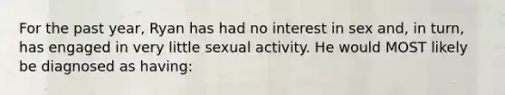 For the past year, Ryan has had no interest in sex and, in turn, has engaged in very little sexual activity. He would MOST likely be diagnosed as having: