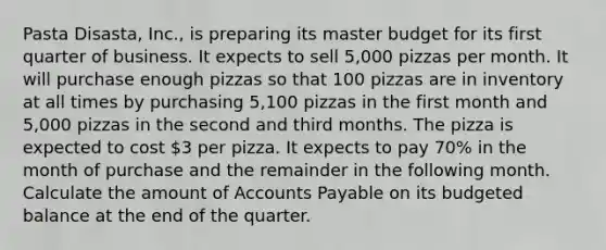 Pasta Disasta, Inc., is preparing its master budget for its first quarter of business. It expects to sell 5,000 pizzas per month. It will purchase enough pizzas so that 100 pizzas are in inventory at all times by purchasing 5,100 pizzas in the first month and 5,000 pizzas in the second and third months. The pizza is expected to cost 3 per pizza. It expects to pay 70% in the month of purchase and the remainder in the following month. Calculate the amount of Accounts Payable on its budgeted balance at the end of the quarter.