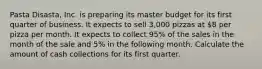 Pasta Disasta, Inc. is preparing its master budget for its first quarter of business. It expects to sell 3,000 pizzas at 8 per pizza per month. It expects to collect 95% of the sales in the month of the sale and 5% in the following month. Calculate the amount of cash collections for its first quarter.