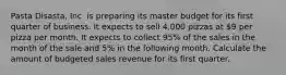 Pasta Disasta, Inc. is preparing its master budget for its first quarter of business. It expects to sell 4,000 pizzas at 9 per pizza per month. It expects to collect 95% of the sales in the month of the sale and 5% in the following month. Calculate the amount of budgeted sales revenue for its first quarter.