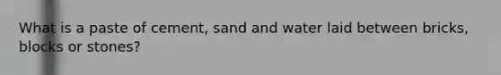 What is a paste of cement, sand and water laid between bricks, blocks or stones?