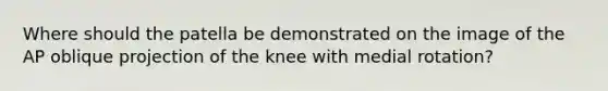 Where should the patella be demonstrated on the image of the AP oblique projection of the knee with medial rotation?