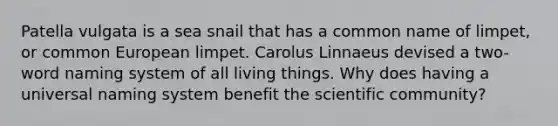 Patella vulgata is a sea snail that has a common name of limpet, or common European limpet. Carolus Linnaeus devised a two-word naming system of all living things. Why does having a universal naming system benefit the scientific community?