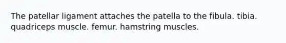 The patellar ligament attaches the patella to the fibula. tibia. quadriceps muscle. femur. hamstring muscles.