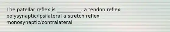 The patellar reflex is __________. a tendon reflex polysynaptic/ipsilateral a stretch reflex monosynaptic/contralateral