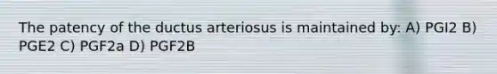 The patency of the ductus arteriosus is maintained by: A) PGI2 B) PGE2 C) PGF2a D) PGF2B