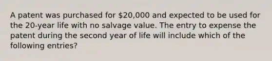 A patent was purchased for 20,000 and expected to be used for the 20-year life with no salvage value. The entry to expense the patent during the second year of life will include which of the following entries?