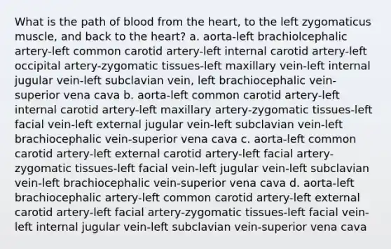 What is the path of blood from the heart, to the left zygomaticus muscle, and back to the heart? a. aorta-left brachiolcephalic artery-left common carotid artery-left internal carotid artery-left occipital artery-zygomatic tissues-left maxillary vein-left internal jugular vein-left subclavian vein, left brachiocephalic vein-superior vena cava b. aorta-left common carotid artery-left internal carotid artery-left maxillary artery-zygomatic tissues-left facial vein-left external jugular vein-left subclavian vein-left brachiocephalic vein-superior vena cava c. aorta-left common carotid artery-left external carotid artery-left facial artery-zygomatic tissues-left facial vein-left jugular vein-left subclavian vein-left brachiocephalic vein-superior vena cava d. aorta-left brachiocephalic artery-left common carotid artery-left external carotid artery-left facial artery-zygomatic tissues-left facial vein-left internal jugular vein-left subclavian vein-superior vena cava