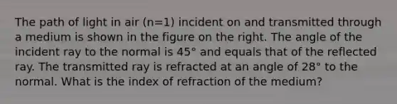 The path of light in air (n=1) incident on and transmitted through a medium is shown in the figure on the right. The angle of the incident ray to the normal is 45° and equals that of the reflected ray. The transmitted ray is refracted at an angle of 28° to the normal. What is the index of refraction of the medium?