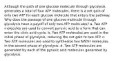 Although the path of one glucose molecule through glycolysis generates a total of four ATP molecules, there is a net gain of only two ATP for each glucose molecule that enters the pathway. Why does the passage of one glucose molecule through glycolysis have a payoff of only two ATP molecules? a. Two ATP molecules are used to convert pyruvic acid to a form that can enter the citric acid cycle. b. Two ATP molecules are used in the initial phase of glycolysis, reducing the net gain to two ATP. c. Two ATP molecules are used to synthesize two NADH molecules in the second phase of glycolysis. d. Two ATP molecules are generated by each of the pyruvic acid molecules generated by glycolysis.