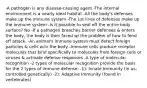 -A pathogen is any disease-causing agent -The internal environment is a nearly ideal habitat -All the body's defenses make up the immune system -The 1st lines of defenses make up the immune system -Is it possible to seal off the entire body surface? No -If a pathogen breaches barrier defenses & enters the body, the body is then faced w/ the problem of how to fend off attack. -An animal's immune system must detect foreign particles & cells w/in the body -Immune cells produce receptor molecules that bind specifically to molecules from foreign cells or viruses & activate defense responses -A type of molecular recognition -2 types of molecular recognition provide the basis for the 2 types of immune defense: -1): Innate Immunity (in us; controlled genetically) -2): Adaptive Immunity (found in vertebrates)