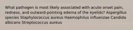 What pathogen is most likely associated with acute onset pain, redness, and outward-pointing edema of the eyelids? Aspergillus species Staphylococcus aureus Haemophilus influenzae Candida albicans Streptococcus aureus