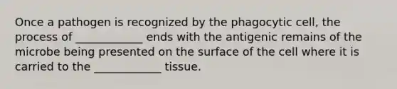 Once a pathogen is recognized by the phagocytic cell, the process of ____________ ends with the antigenic remains of the microbe being presented on the surface of the cell where it is carried to the ____________ tissue.