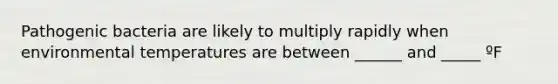 Pathogenic bacteria are likely to multiply rapidly when environmental temperatures are between ______ and _____ ºF