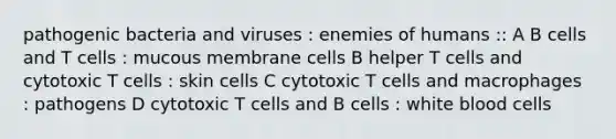 pathogenic bacteria and viruses : enemies of humans :: A B cells and T cells : mucous membrane cells B helper T cells and cytotoxic T cells : skin cells C cytotoxic T cells and macrophages : pathogens D cytotoxic T cells and B cells : white blood cells