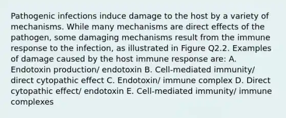 Pathogenic infections induce damage to the host by a variety of mechanisms. While many mechanisms are direct effects of the pathogen, some damaging mechanisms result from the immune response to the infection, as illustrated in Figure Q2.2. Examples of damage caused by the host immune response are: A. Endotoxin production/ endotoxin B. Cell-mediated immunity/ direct cytopathic effect C. Endotoxin/ immune complex D. Direct cytopathic effect/ endotoxin E. Cell-mediated immunity/ immune complexes