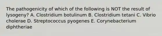 The pathogenicity of which of the following is NOT the result of lysogeny? A. Clostridium botulinum B. Clostridium tetani C. Vibrio cholerae D. Streptococcus pyogenes E. Corynebacterium diphtheriae