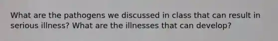 What are the pathogens we discussed in class that can result in serious illness? What are the illnesses that can develop?