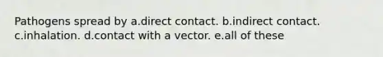 Pathogens spread by a.direct contact. b.indirect contact. c.inhalation. d.contact with a vector. e.all of these