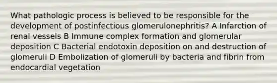 What pathologic process is believed to be responsible for the development of postinfectious glomerulonephritis? A Infarction of renal vessels B Immune complex formation and glomerular deposition C Bacterial endotoxin deposition on and destruction of glomeruli D Embolization of glomeruli by bacteria and fibrin from endocardial vegetation