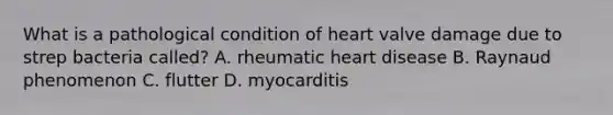 What is a pathological condition of heart valve damage due to strep bacteria​ called? A. rheumatic heart disease B. Raynaud phenomenon C. flutter D. myocarditis