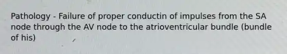 Pathology - Failure of proper conductin of impulses from the SA node through the AV node to the atrioventricular bundle (bundle of his)