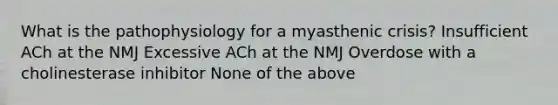 What is the pathophysiology for a myasthenic crisis? Insufficient ACh at the NMJ Excessive ACh at the NMJ Overdose with a cholinesterase inhibitor None of the above