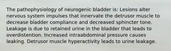 The pathophysiology of neurogenic bladder is: Lesions alter nervous system impulses that innervate the detrusor muscle to decrease bladder compliance and decreased sphincter tone. Leakage is due to retained urine in the bladder that leads to overdistention. Increased intraabdominal pressure causes leaking. Detrusor muscle hyperactivity leads to urine leakage.