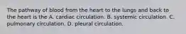 The pathway of blood from the heart to the lungs and back to the heart is the A. cardiac circulation. B. systemic circulation. C. pulmonary circulation. D. pleural circulation.