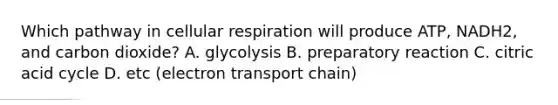 Which pathway in cellular respiration will produce ATP, NADH2, and carbon dioxide? A. glycolysis B. preparatory reaction C. citric acid cycle D. etc (electron transport chain)