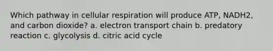 Which pathway in cellular respiration will produce ATP, NADH2, and carbon dioxide? a. electron transport chain b. predatory reaction c. glycolysis d. citric acid cycle