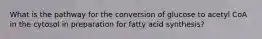 What is the pathway for the conversion of glucose to acetyl CoA in the cytosol in preparation for fatty acid synthesis?