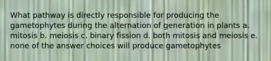 What pathway is directly responsible for producing the gametophytes during the alternation of generation in plants a. mitosis b. meiosis c. binary fission d. both mitosis and meiosis e. none of the answer choices will produce gametophytes