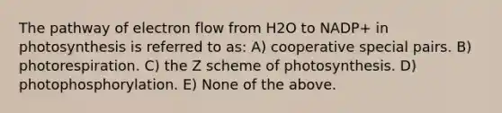 The pathway of electron flow from H2O to NADP+ in photosynthesis is referred to as: A) cooperative special pairs. B) photorespiration. C) the Z scheme of photosynthesis. D) photophosphorylation. E) None of the above.