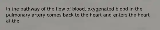 In the pathway of the flow of blood, oxygenated blood in the pulmonary artery comes back to the heart and enters the heart at the