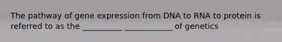 The pathway of gene expression from DNA to RNA to protein is referred to as the __________ ____________ of genetics