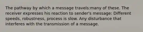 The pathway by which a message travels:many of these. The receiver expresses his reaction to sender's message: Different speeds, robustness, process is slow. Any disturbance that interferes with the transmission of a message.