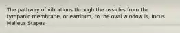 The pathway of vibrations through the ossicles from the tympanic membrane, or eardrum, to the oval window is, Incus Malleus Stapes