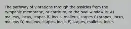 The pathway of vibrations through the ossicles from the tympanic membrane, or eardrum, to the oval window is: A) malleus, incus, stapes B) incus, malleus, stapes C) stapes, incus, malleus D) malleus, stapes, incus E) stapes, malleus, incus