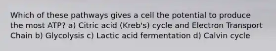 Which of these pathways gives a cell the potential to produce the most ATP? a) Citric acid (Kreb's) cycle and Electron Transport Chain b) Glycolysis c) Lactic acid fermentation d) Calvin cycle